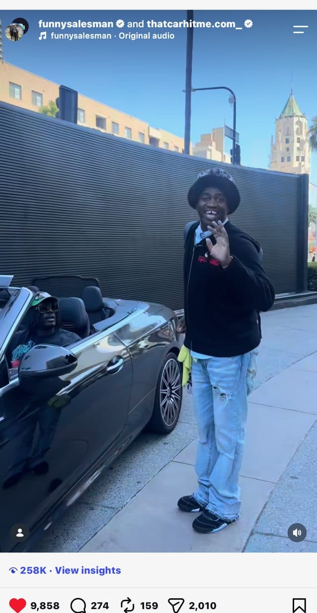 Instagram collab post by funnysalesman and thatcarhitme.com next to a convertible, 258K views
