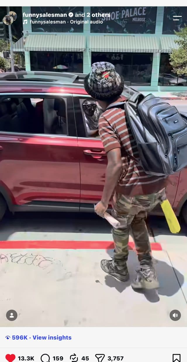 Instagram collab with funnysalesman talking to a driver through a car window, 596K views