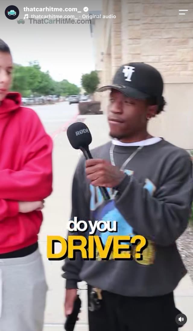 ThatCarHitMe street interview: a man with a microphone answering "do you drive?"